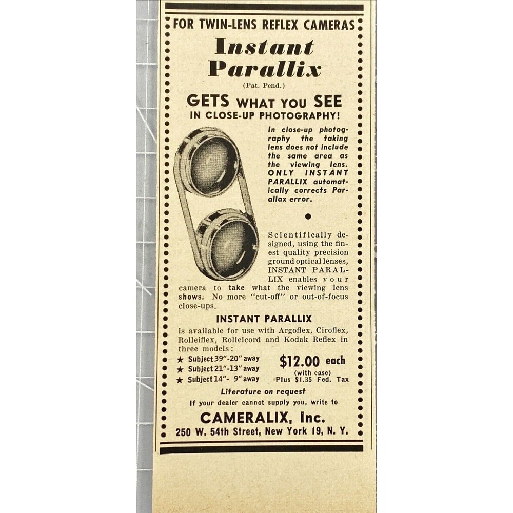Cameralix Inc. Instant Parallix for Twin-Lens Reflex Cameras" Vtg Print Ad 1949